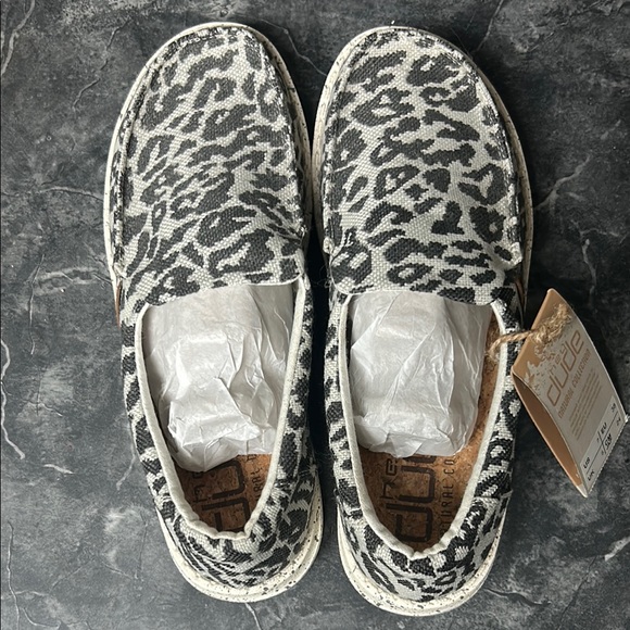 Hey Dude Shoes - Hey Dude Black and White Leopard Print Slip-Ons